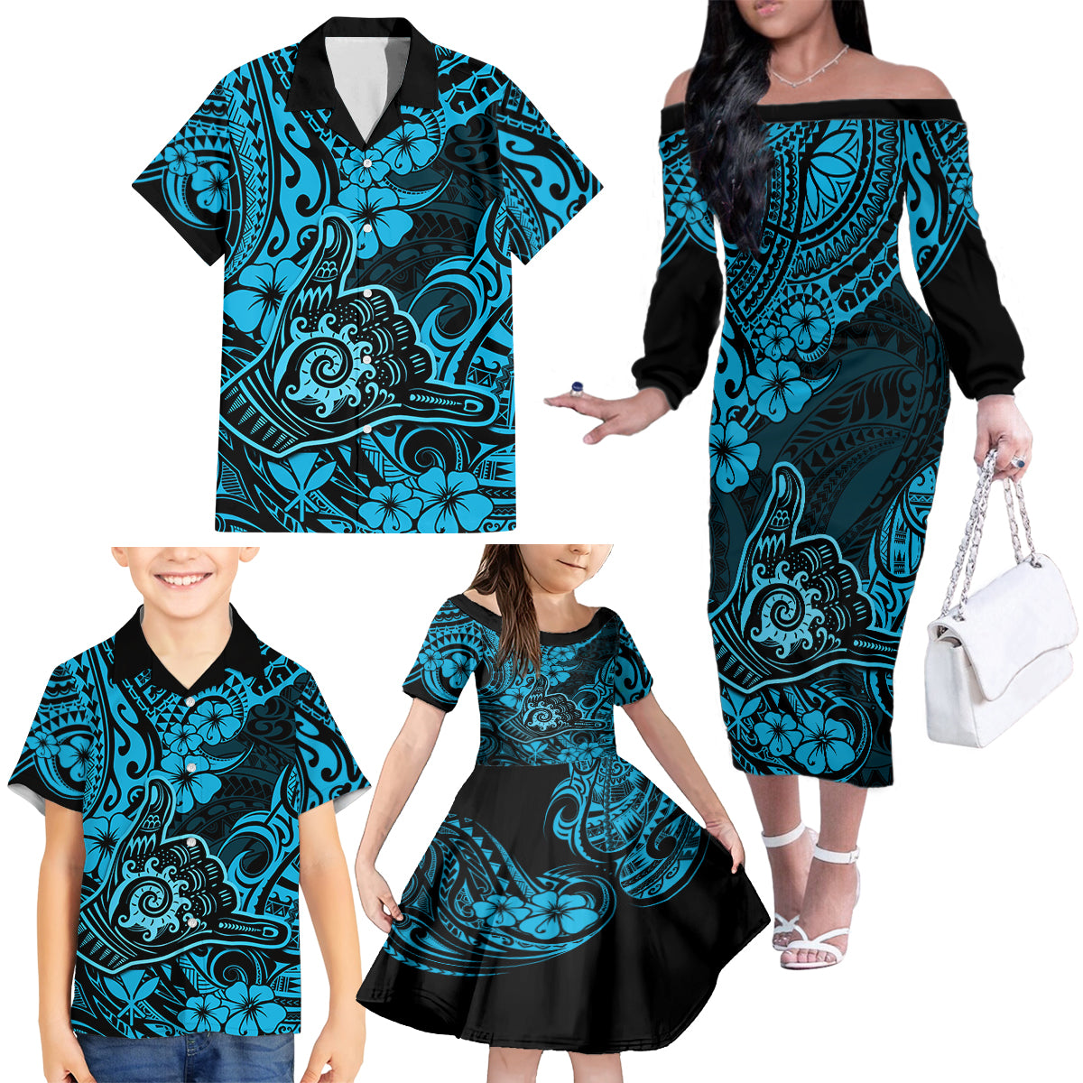 Hawaii Shaka Sign Family Matching Off Shoulder Long Sleeve Dress and Hawaiian Shirt Polynesian Pattern Sky Blue Version - Wonder Print Shop