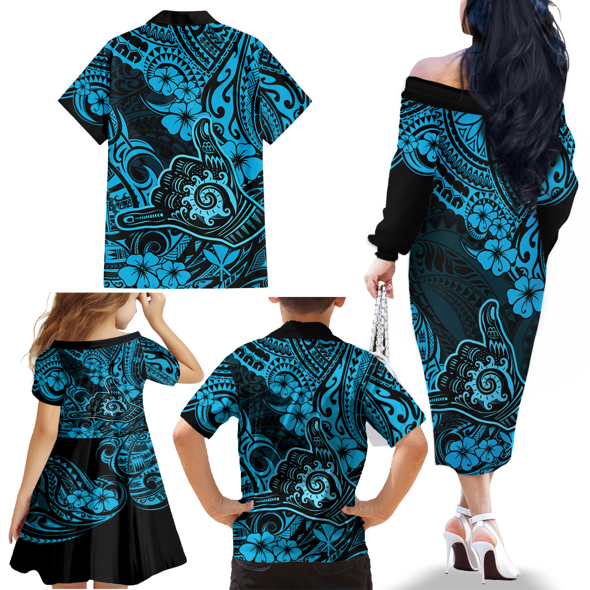 Hawaii Shaka Sign Family Matching Off Shoulder Long Sleeve Dress and Hawaiian Shirt Polynesian Pattern Sky Blue Version - Wonder Print Shop