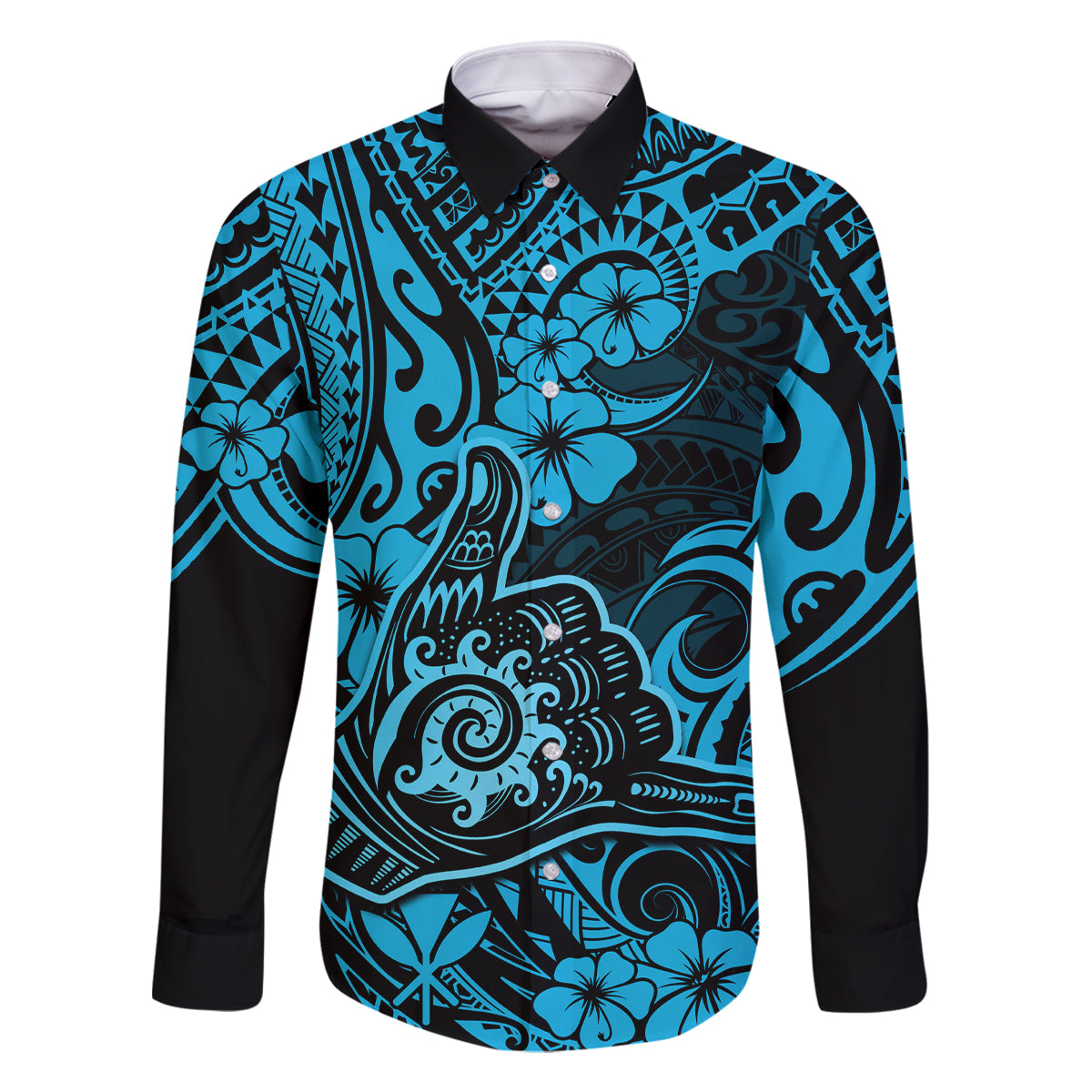 Hawaii Shaka Sign Family Matching Off Shoulder Long Sleeve Dress and Hawaiian Shirt Polynesian Pattern Sky Blue Version - Wonder Print Shop