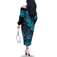 Hawaii Shaka Sign Family Matching Off Shoulder Long Sleeve Dress and Hawaiian Shirt Polynesian Pattern Sky Blue Version - Wonder Print Shop
