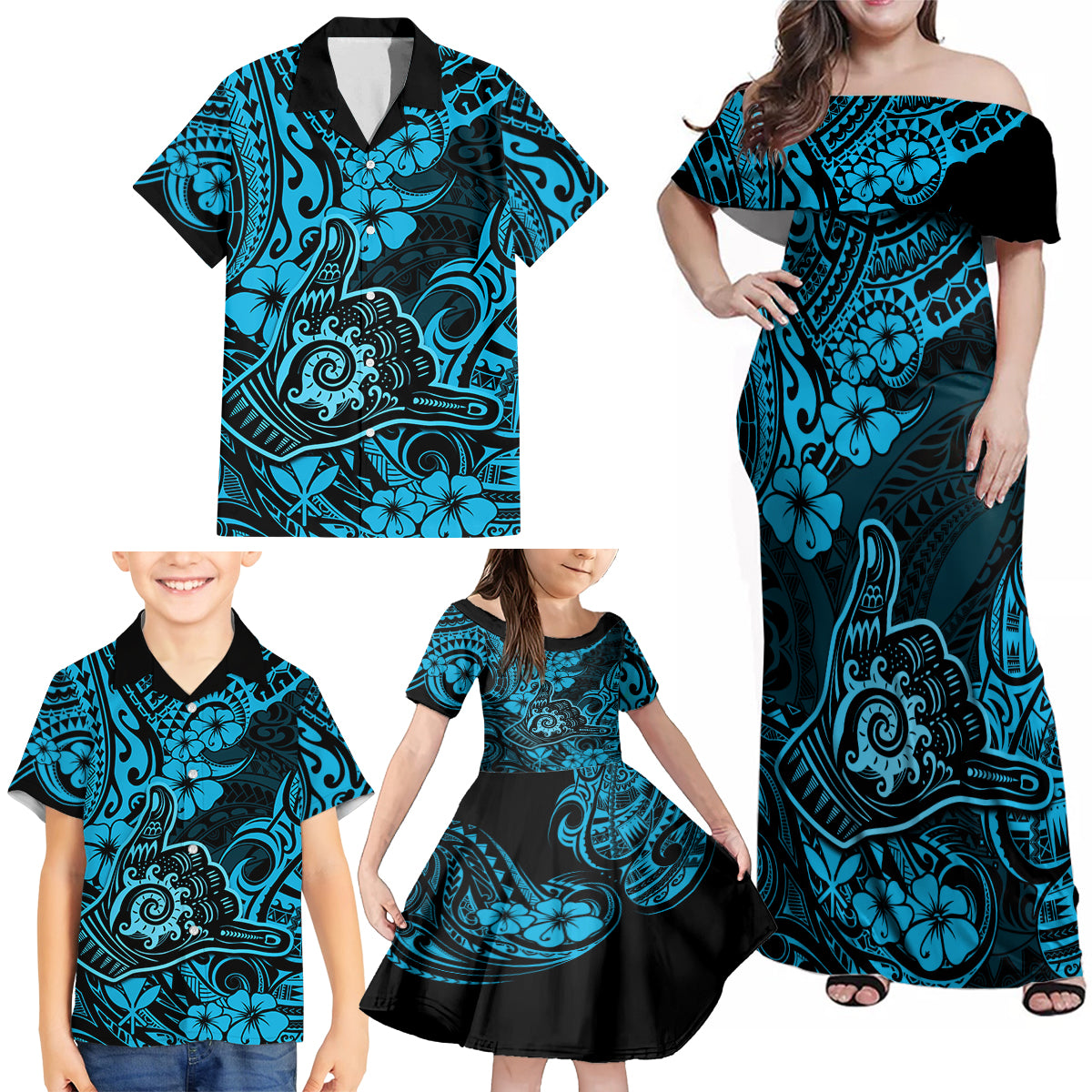 Hawaii Shaka Sign Family Matching Off Shoulder Maxi Dress and Hawaiian Shirt Polynesian Pattern Sky Blue Version - Wonder Print Shop