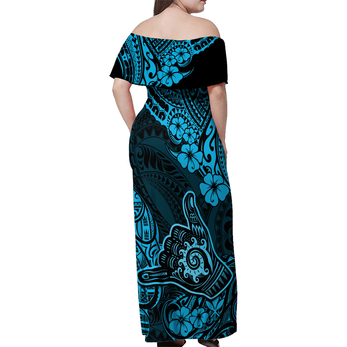 Hawaii Shaka Sign Family Matching Off Shoulder Maxi Dress and Hawaiian Shirt Polynesian Pattern Sky Blue Version - Wonder Print Shop