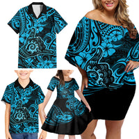 Hawaii Shaka Sign Family Matching Off Shoulder Short Dress and Hawaiian Shirt Polynesian Pattern Sky Blue Version - Wonder Print Shop