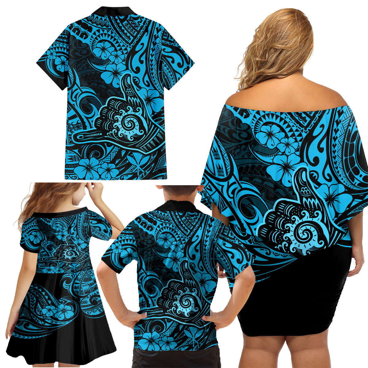 Hawaii Shaka Sign Family Matching Off Shoulder Short Dress and Hawaiian Shirt Polynesian Pattern Sky Blue Version - Wonder Print Shop