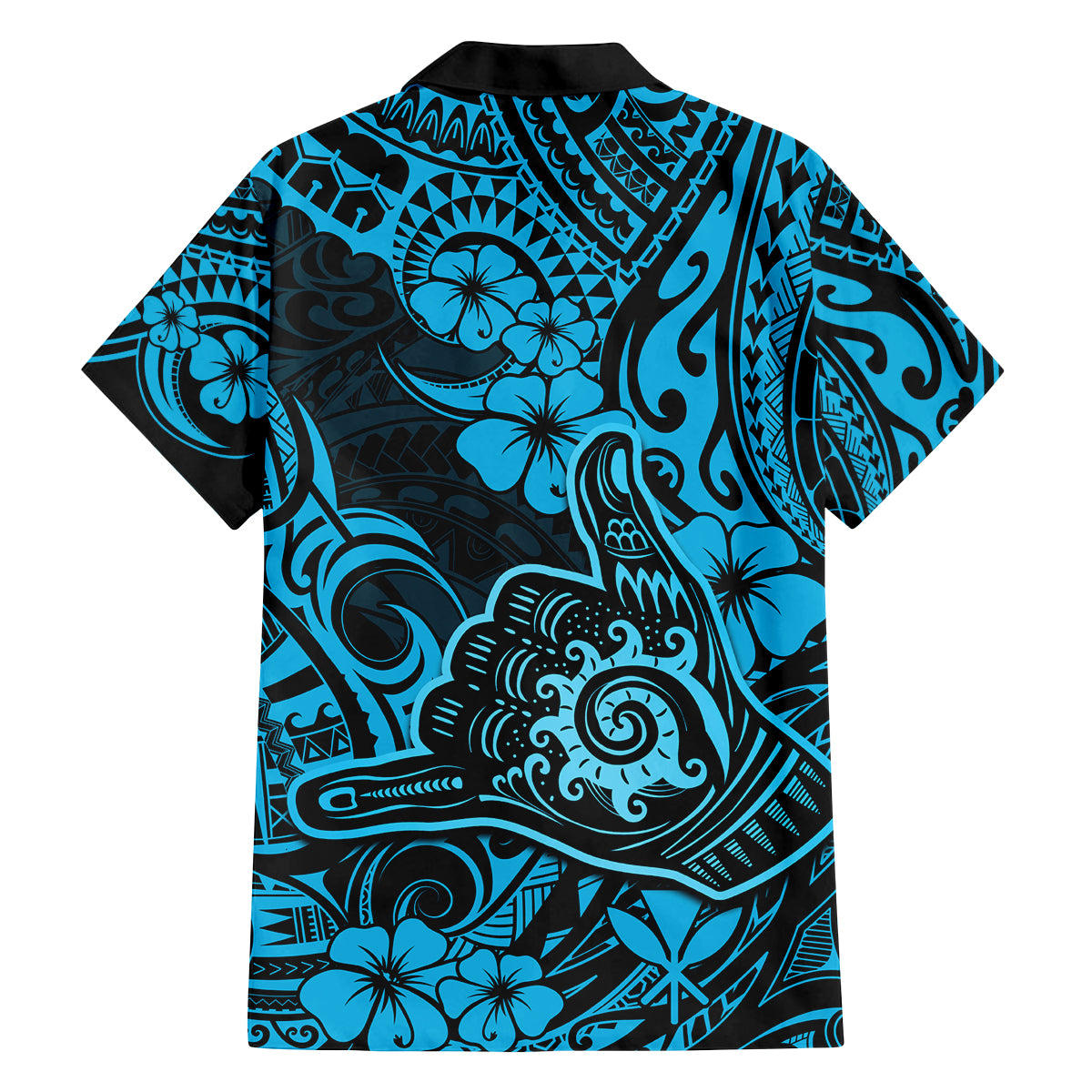Hawaii Shaka Sign Family Matching Off Shoulder Short Dress and Hawaiian Shirt Polynesian Pattern Sky Blue Version - Wonder Print Shop