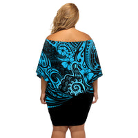 Hawaii Shaka Sign Family Matching Off Shoulder Short Dress and Hawaiian Shirt Polynesian Pattern Sky Blue Version - Wonder Print Shop
