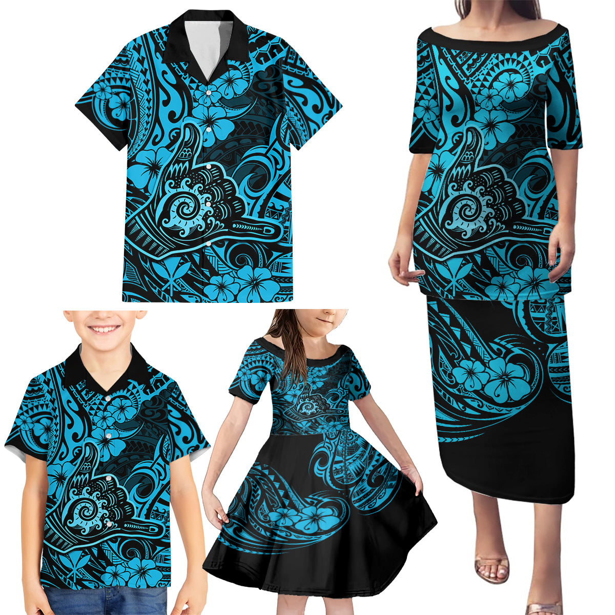 Hawaii Shaka Sign Family Matching Puletasi Dress and Hawaiian Shirt Polynesian Pattern Sky Blue Version - Wonder Print Shop