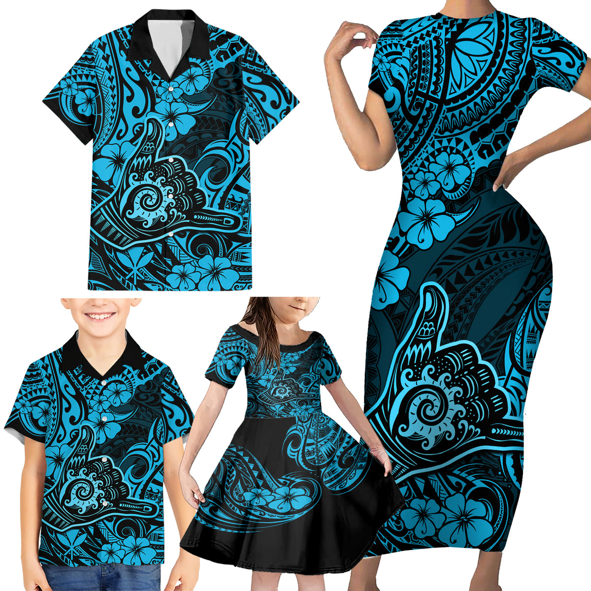 Hawaii Shaka Sign Family Matching Short Sleeve Bodycon Dress and Hawaiian Shirt Polynesian Pattern Sky Blue Version - Wonder Print Shop
