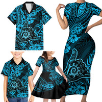 Hawaii Shaka Sign Family Matching Short Sleeve Bodycon Dress and Hawaiian Shirt Polynesian Pattern Sky Blue Version - Wonder Print Shop