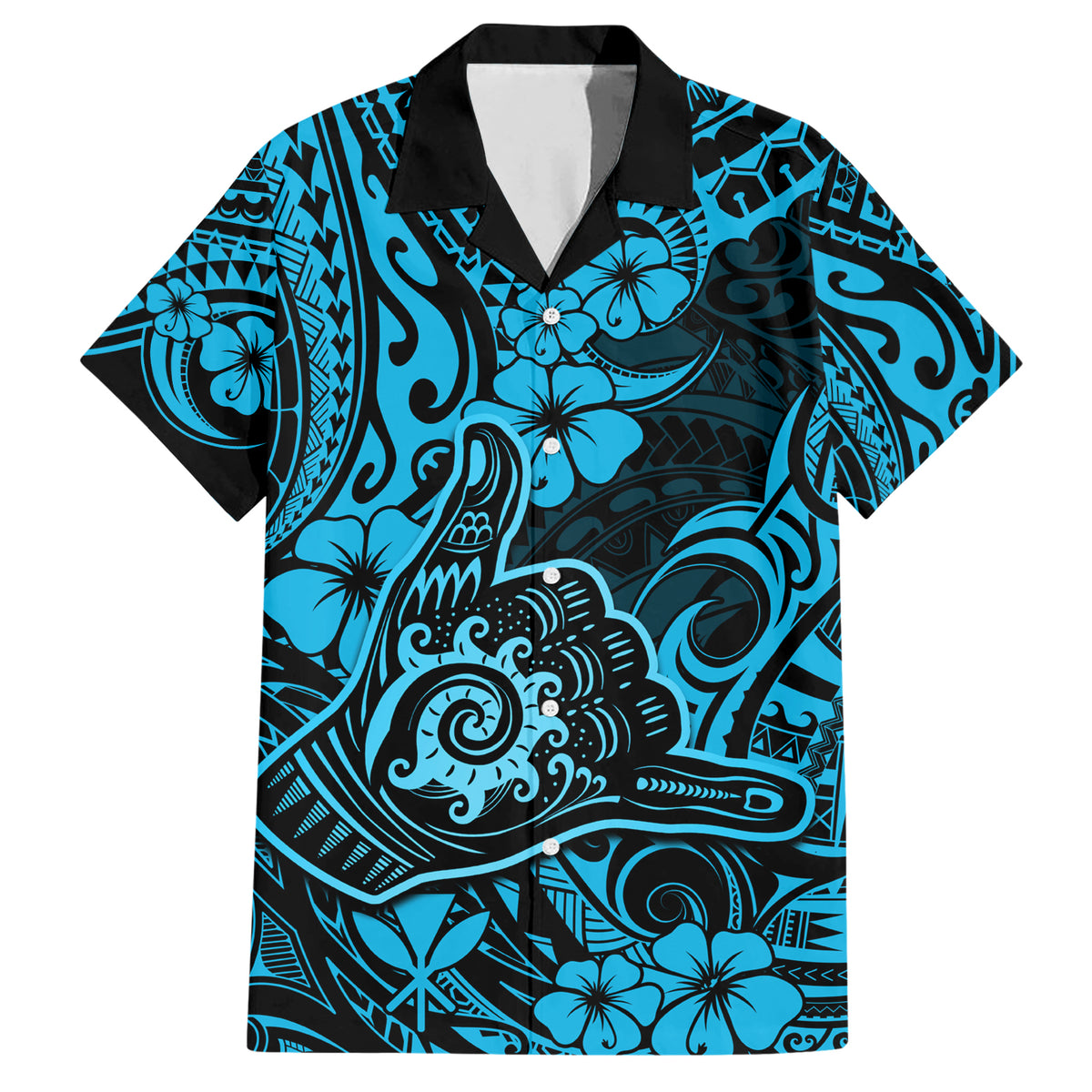 Hawaii Shaka Sign Family Matching Short Sleeve Bodycon Dress and Hawaiian Shirt Polynesian Pattern Sky Blue Version - Wonder Print Shop