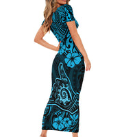 Hawaii Shaka Sign Family Matching Short Sleeve Bodycon Dress and Hawaiian Shirt Polynesian Pattern Sky Blue Version - Wonder Print Shop