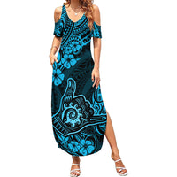 Hawaii Shaka Sign Family Matching Summer Maxi Dress and Hawaiian Shirt Polynesian Pattern Sky Blue Version - Wonder Print Shop
