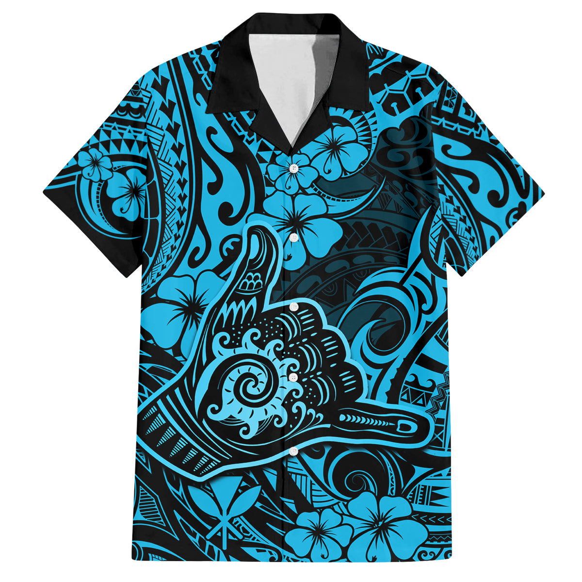 Hawaii Shaka Sign Family Matching Tank Maxi Dress and Hawaiian Shirt Polynesian Pattern Sky Blue Version - Wonder Print Shop