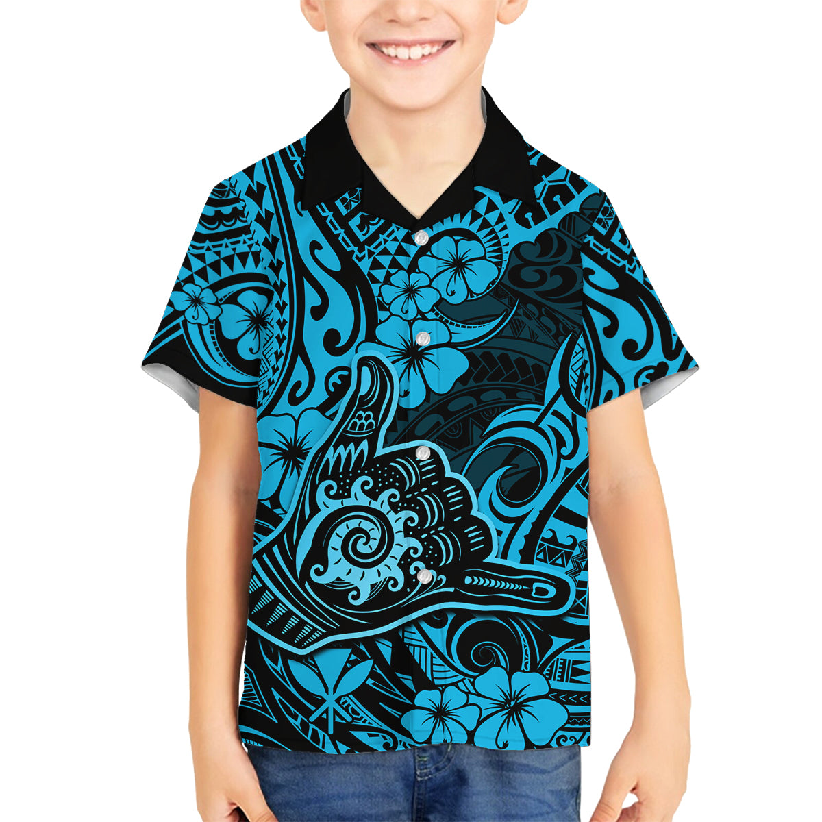 Hawaii Shaka Sign Family Matching Tank Maxi Dress and Hawaiian Shirt Polynesian Pattern Sky Blue Version - Wonder Print Shop