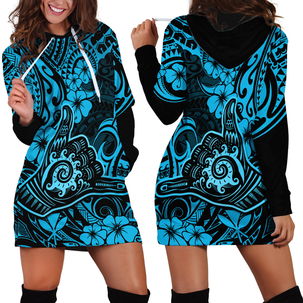 Hawaii Shaka Sign Hoodie Dress Polynesian Pattern Sky Blue Version - Wonder Print Shop