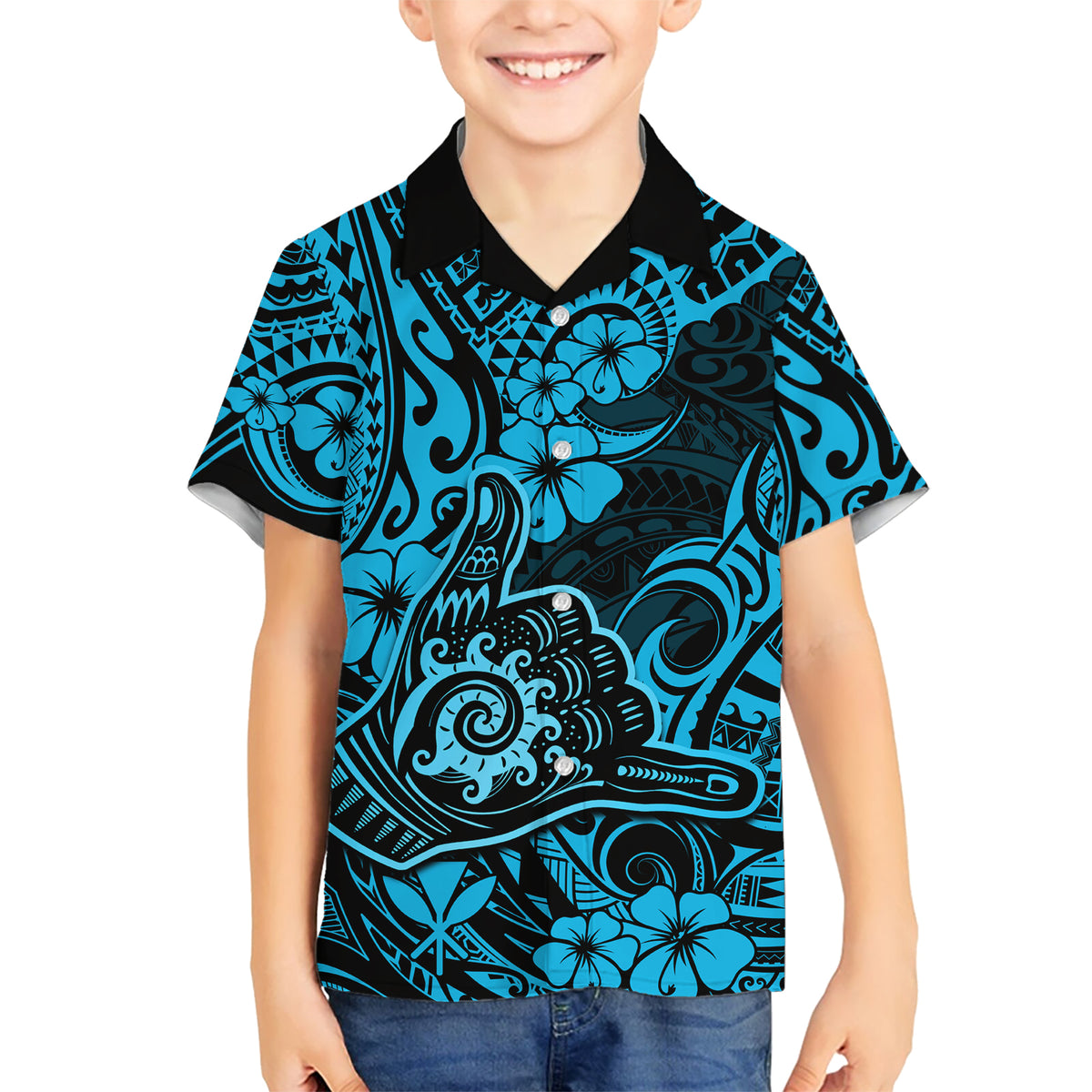 Hawaii Shaka Sign Kid Hawaiian Shirt Polynesian Pattern Sky Blue Version - Wonder Print Shop