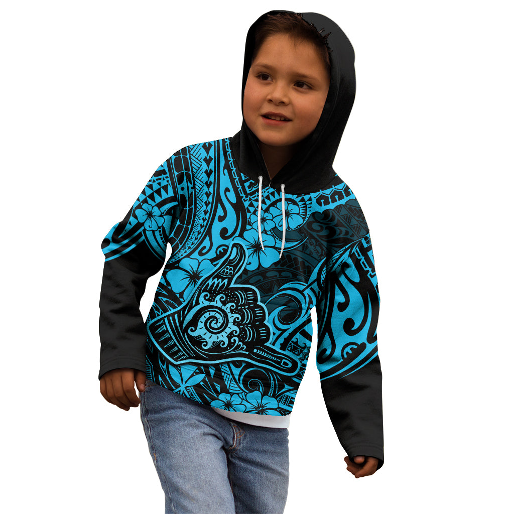 Hawaii Shaka Sign Kid Hoodie Polynesian Pattern Sky Blue Version - Wonder Print Shop