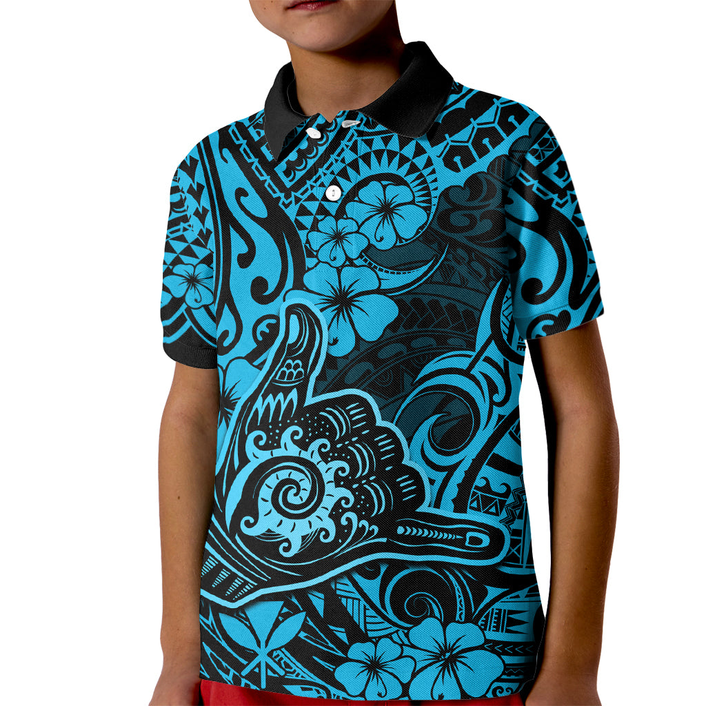 Hawaii Shaka Sign Kid Polo Shirt Polynesian Pattern Sky Blue Version - Wonder Print Shop