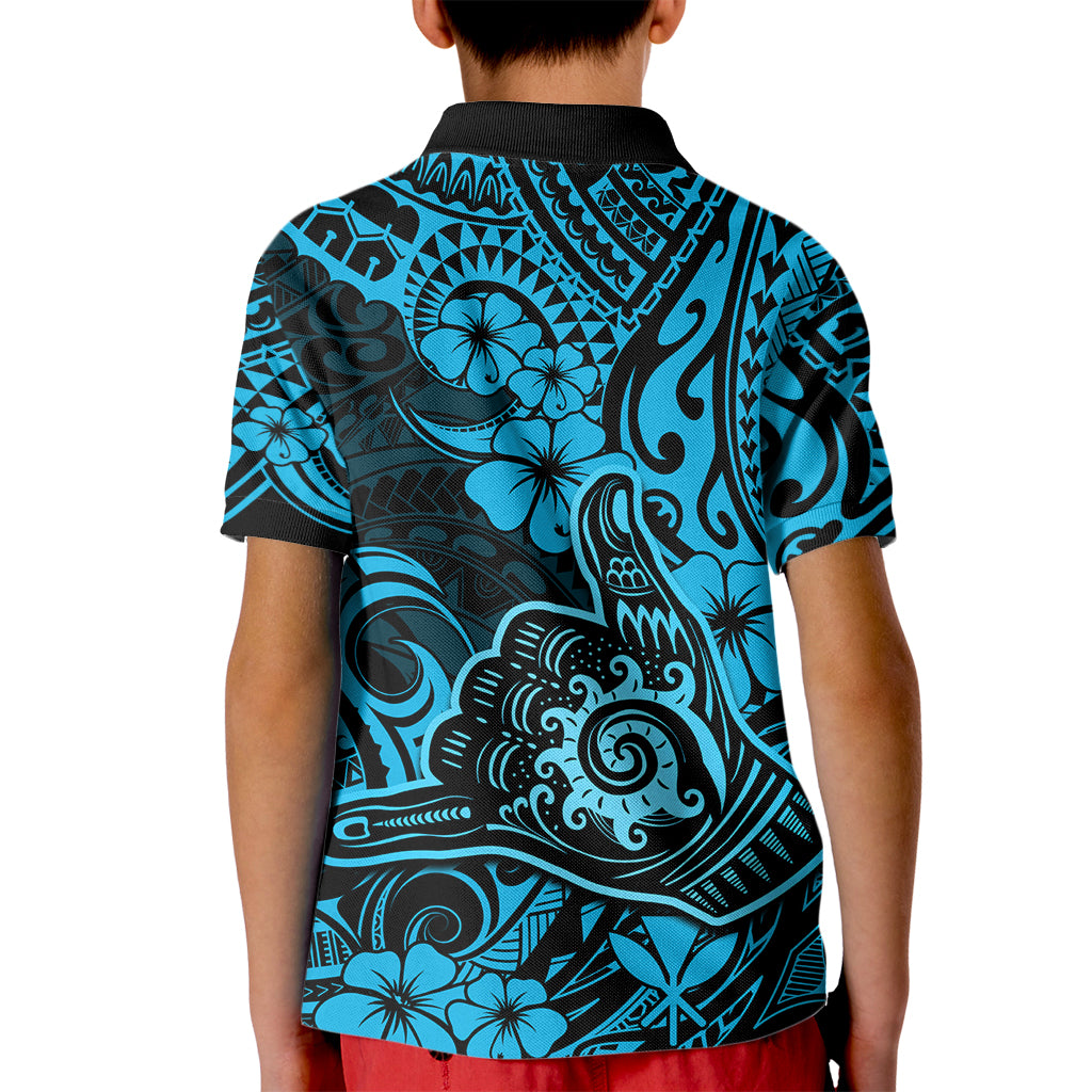 Hawaii Shaka Sign Kid Polo Shirt Polynesian Pattern Sky Blue Version - Wonder Print Shop