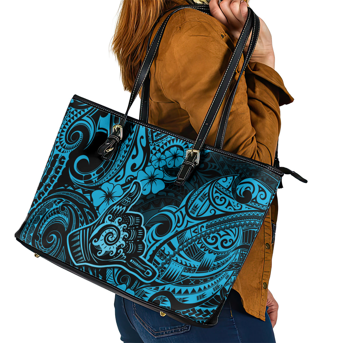 Hawaii Shaka Sign Leather Tote Bag Polynesian Pattern Sky Blue Version - Wonder Print Shop