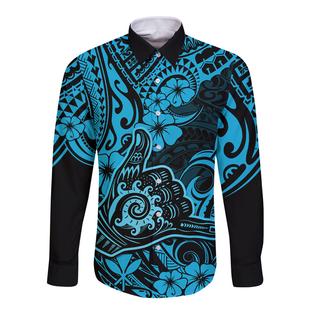 Hawaii Shaka Sign Long Sleeve Button Shirt Polynesian Pattern Sky Blue Version - Wonder Print Shop