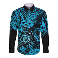 Hawaii Shaka Sign Long Sleeve Button Shirt Polynesian Pattern Sky Blue Version - Wonder Print Shop