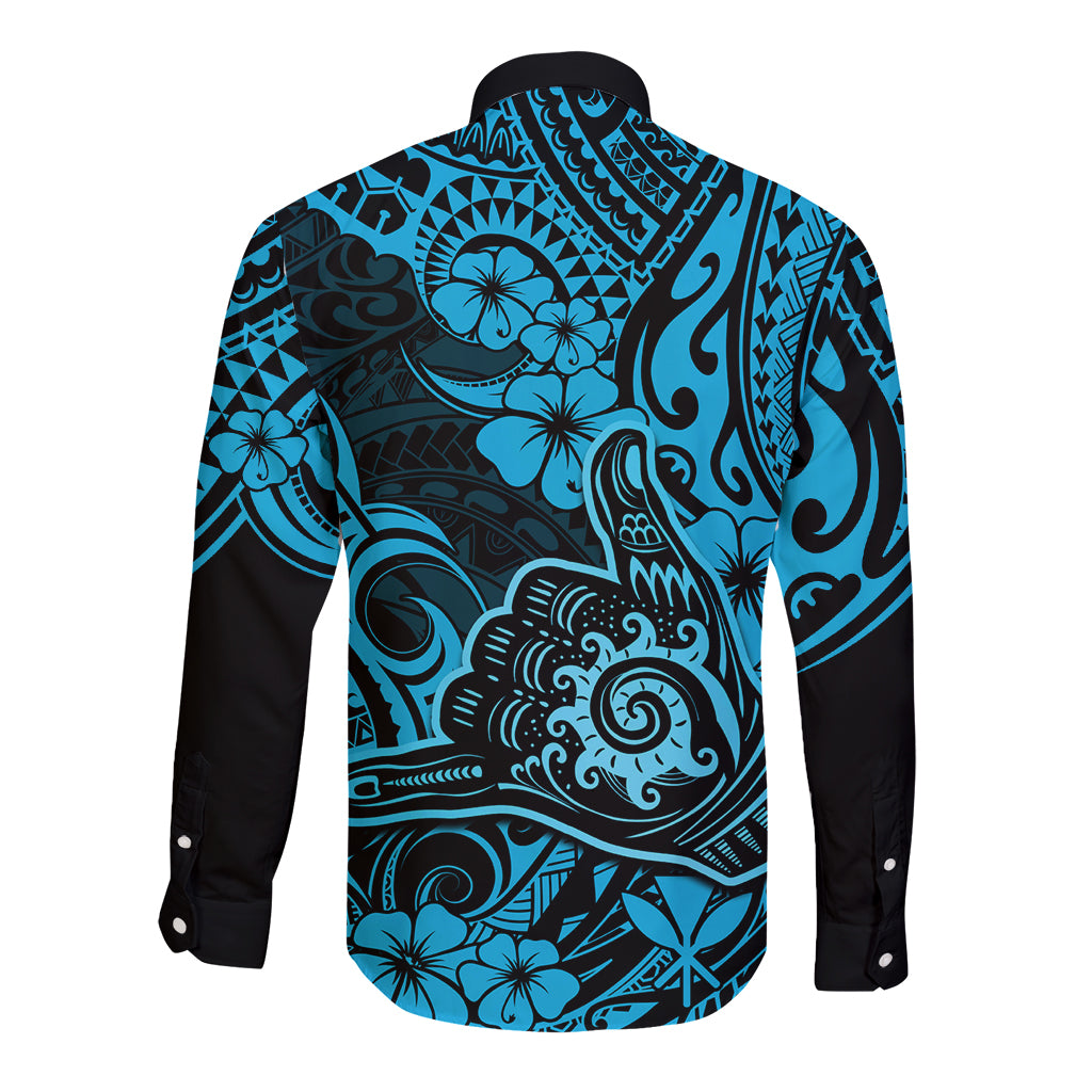 Hawaii Shaka Sign Long Sleeve Button Shirt Polynesian Pattern Sky Blue Version - Wonder Print Shop