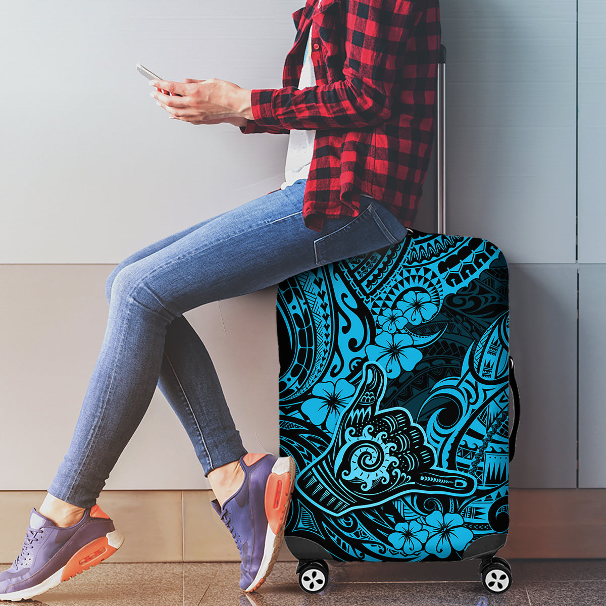 Hawaii Shaka Sign Luggage Cover Polynesian Pattern Sky Blue Version - Wonder Print Shop