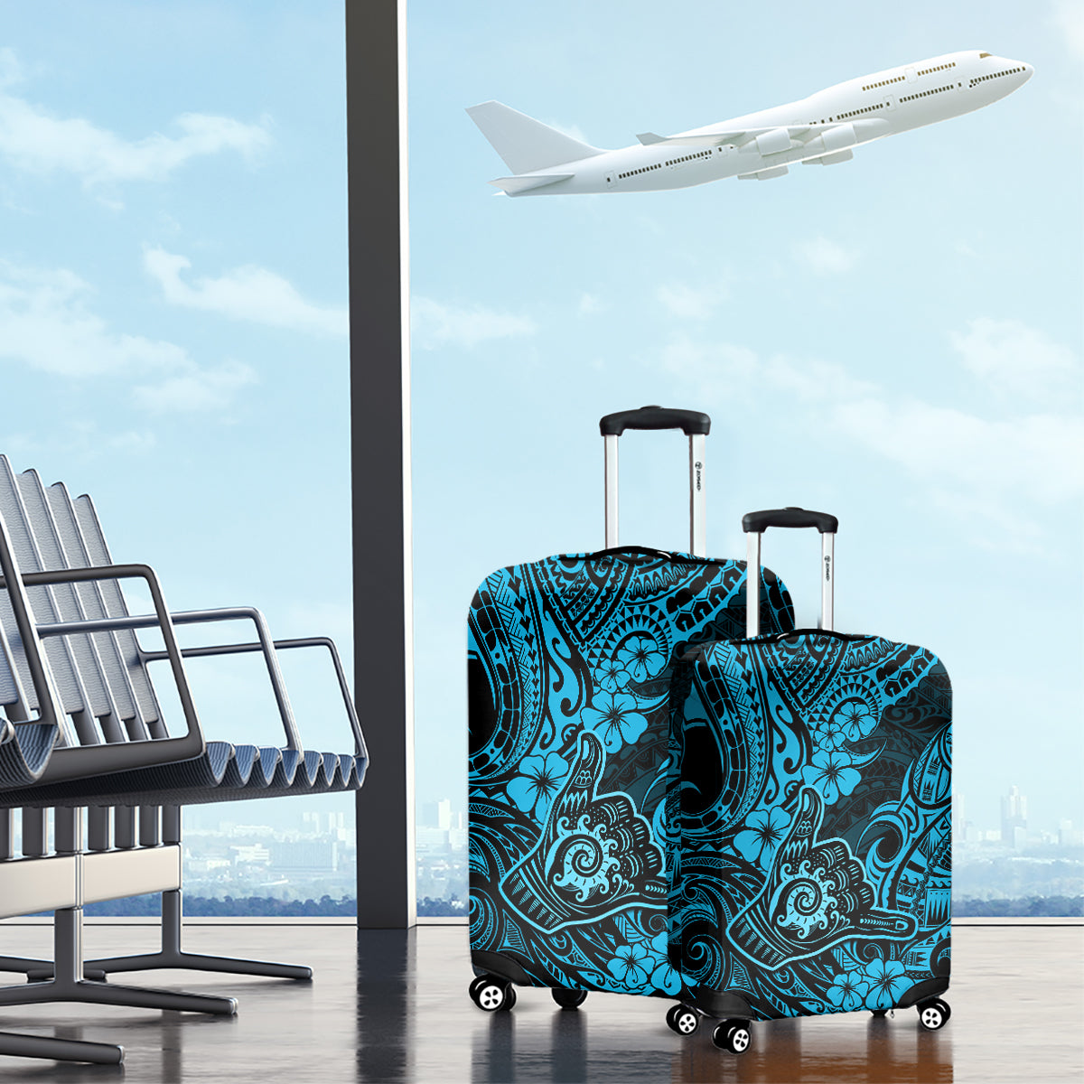 Hawaii Shaka Sign Luggage Cover Polynesian Pattern Sky Blue Version - Wonder Print Shop