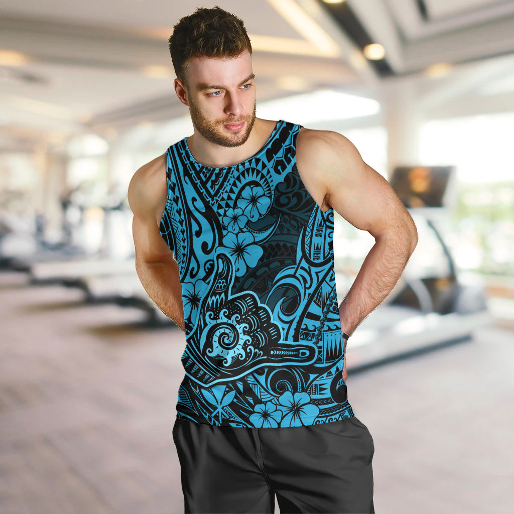Hawaii Shaka Sign Men Tank Top Polynesian Pattern Sky Blue Version - Wonder Print Shop