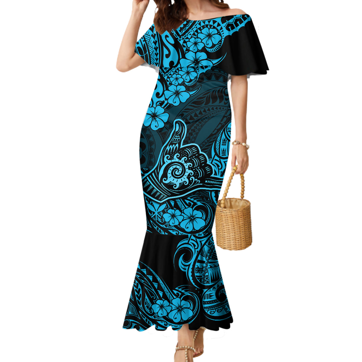 Hawaii Shaka Sign Mermaid Dress Polynesian Pattern Sky Blue Version - Wonder Print Shop