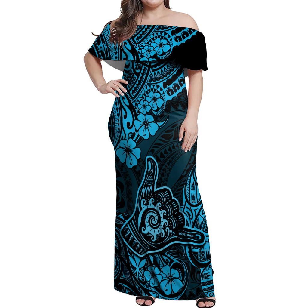 Hawaii Shaka Sign Off Shoulder Maxi Dress Polynesian Pattern Sky Blue Version - Wonder Print Shop