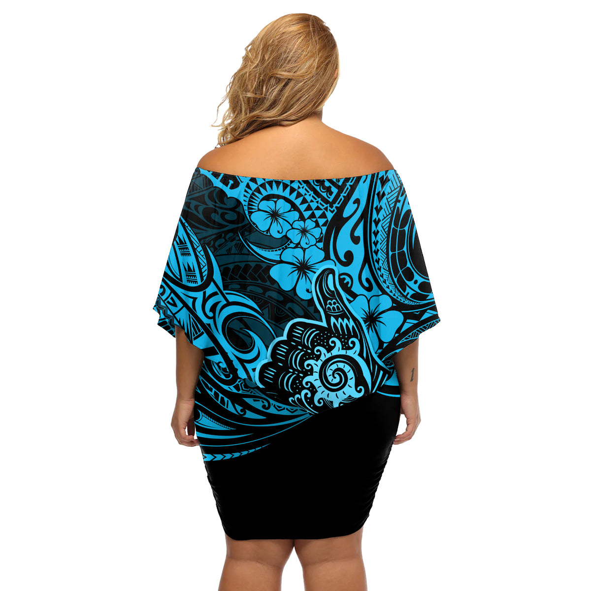 Hawaii Shaka Sign Off Shoulder Short Dress Polynesian Pattern Sky Blue Version - Wonder Print Shop