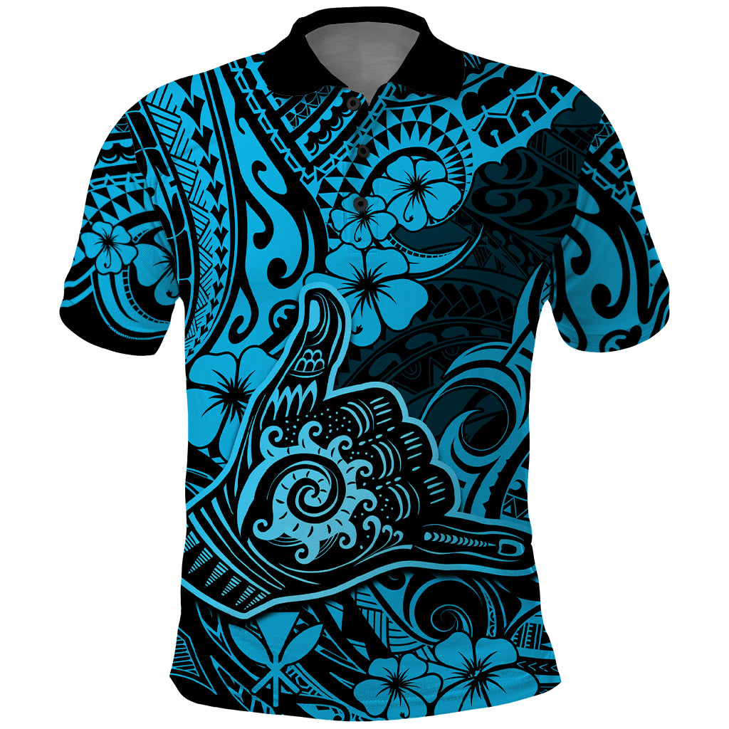 Hawaii Shaka Sign Polo Shirt Polynesian Pattern Sky Blue Version - Wonder Print Shop