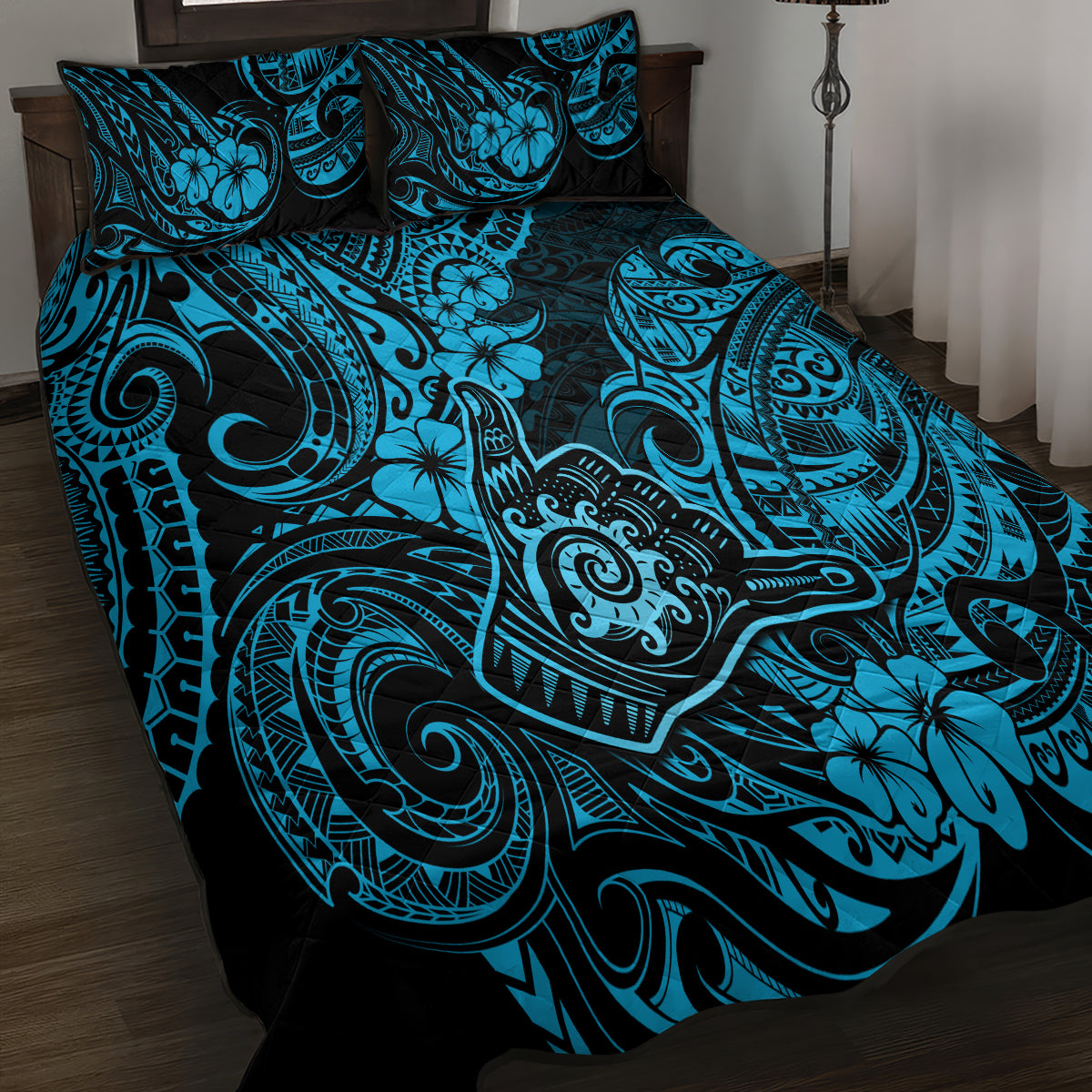Hawaii Shaka Sign Quilt Bed Set Polynesian Pattern Sky Blue Version - Wonder Print Shop