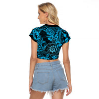Hawaii Shaka Sign Raglan Cropped T Shirt Polynesian Pattern Sky Blue Version - Wonder Print Shop