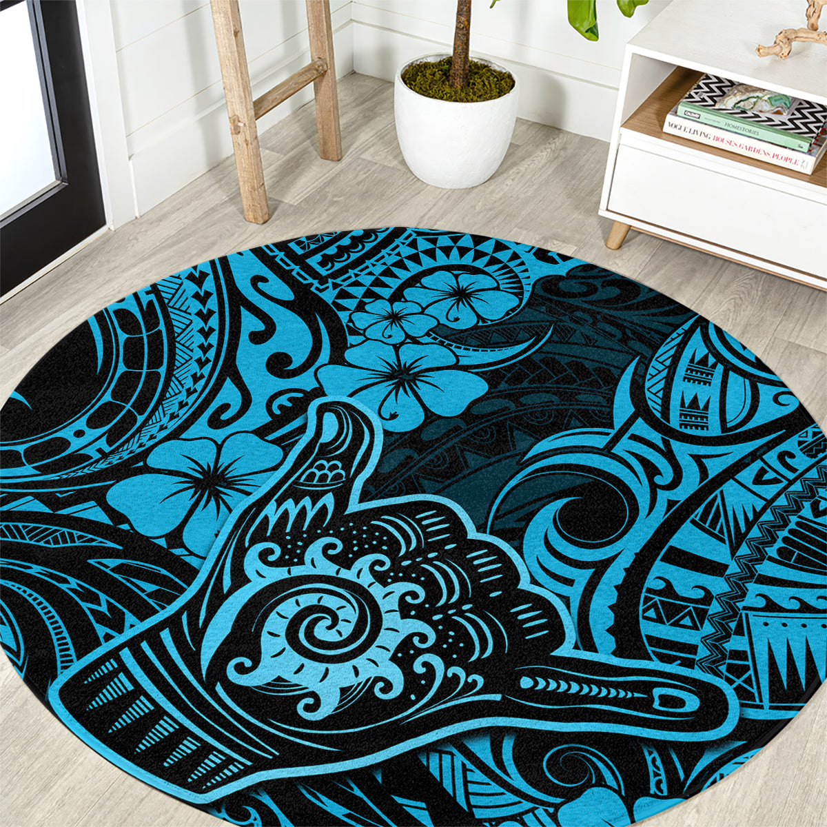 hawaii-shaka-sign-round-carpet-polynesian-pattern-sky-blue-version