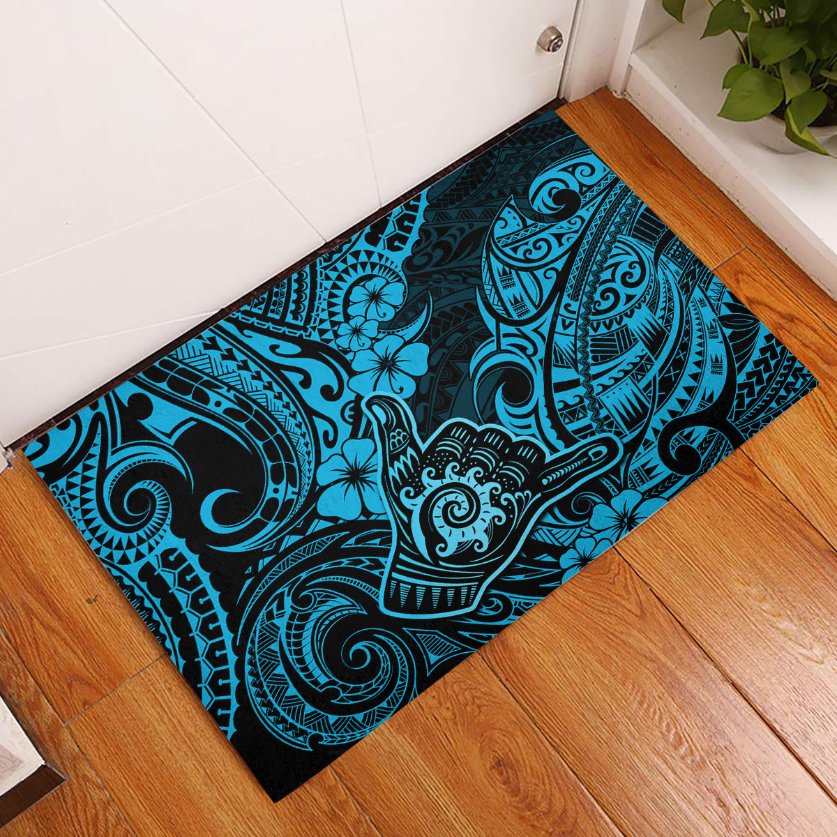 Hawaii Shaka Sign Rubber Doormat Polynesian Pattern Sky Blue Version - Wonder Print Shop
