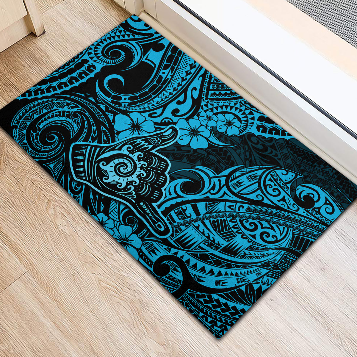 Hawaii Shaka Sign Rubber Doormat Polynesian Pattern Sky Blue Version - Wonder Print Shop