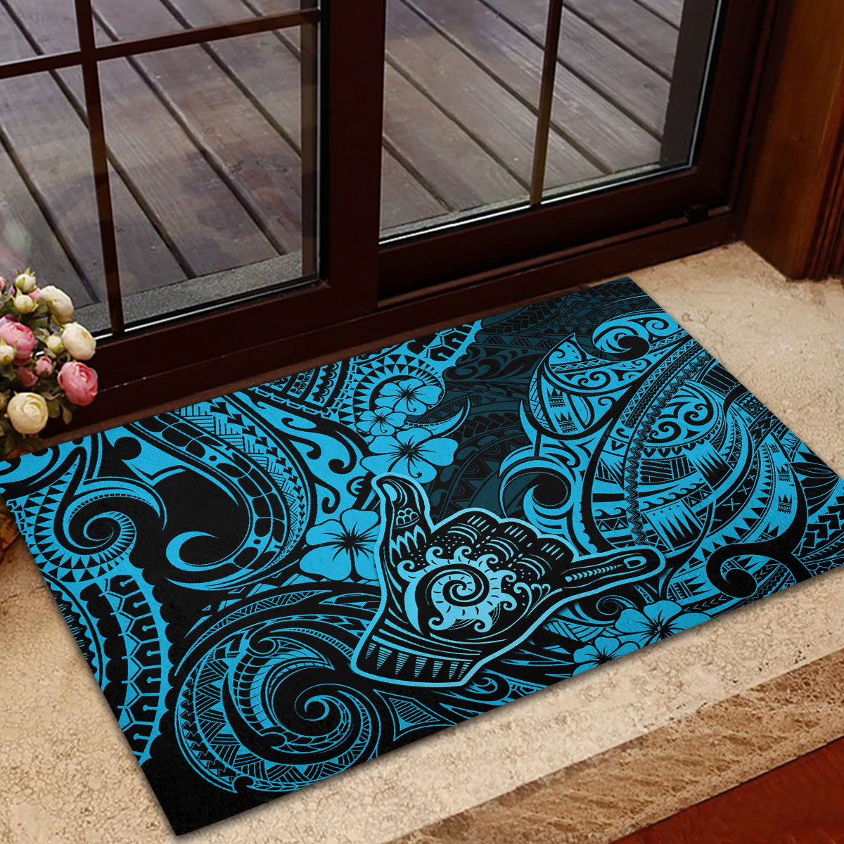 Hawaii Shaka Sign Rubber Doormat Polynesian Pattern Sky Blue Version - Wonder Print Shop