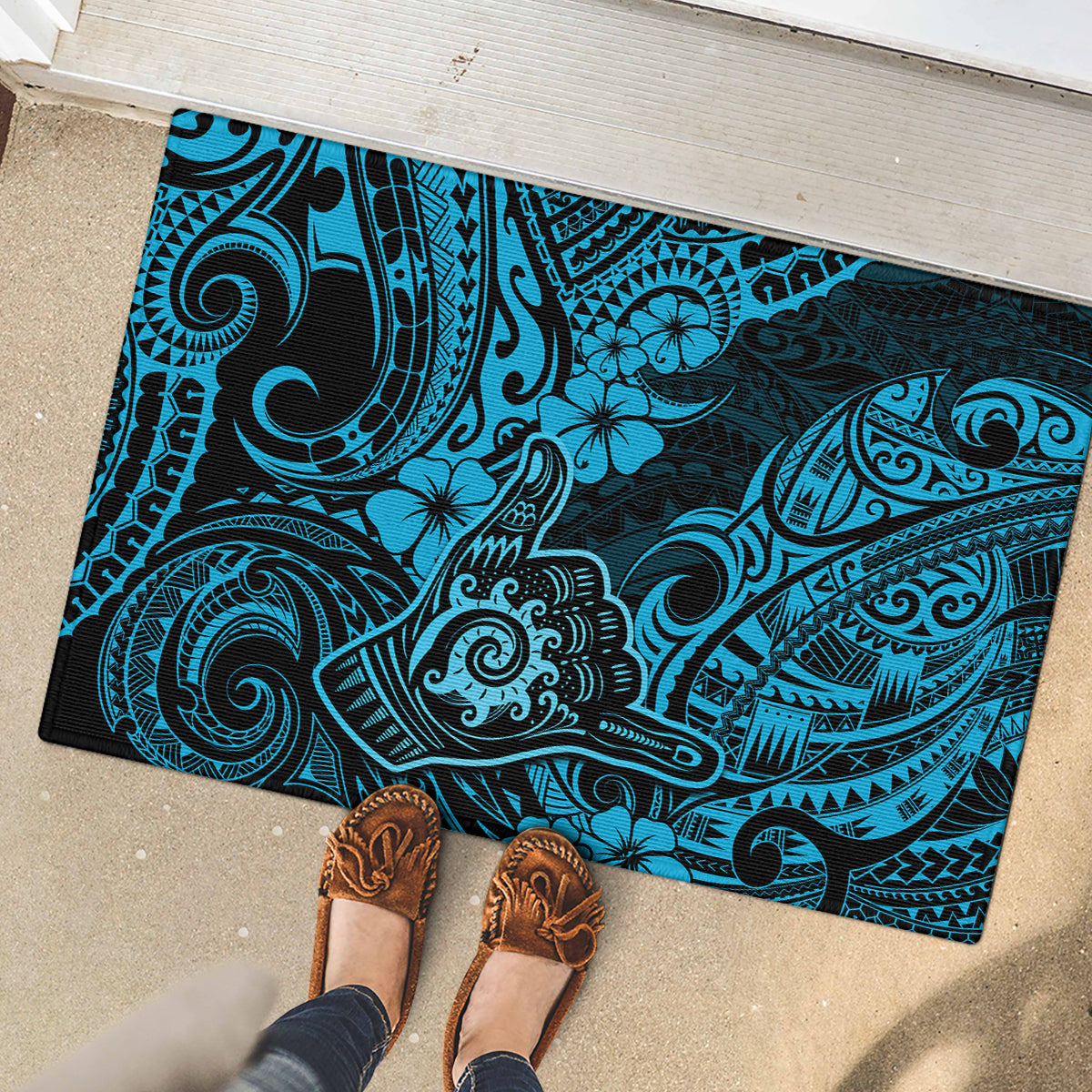 Hawaii Shaka Sign Rubber Doormat Polynesian Pattern Sky Blue Version - Wonder Print Shop