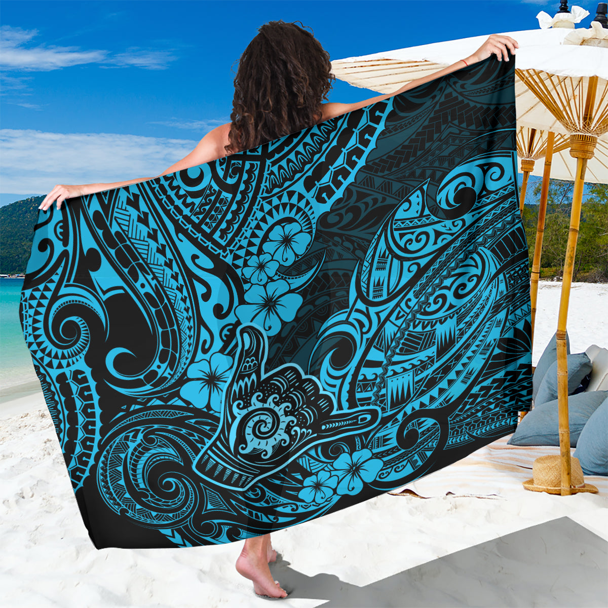 Hawaii Shaka Sign Sarong Polynesian Pattern Sky Blue Version - Wonder Print Shop