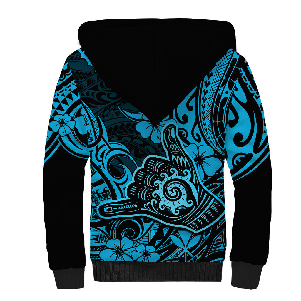Hawaii Shaka Sign Sherpa Hoodie Polynesian Pattern Sky Blue Version - Wonder Print Shop