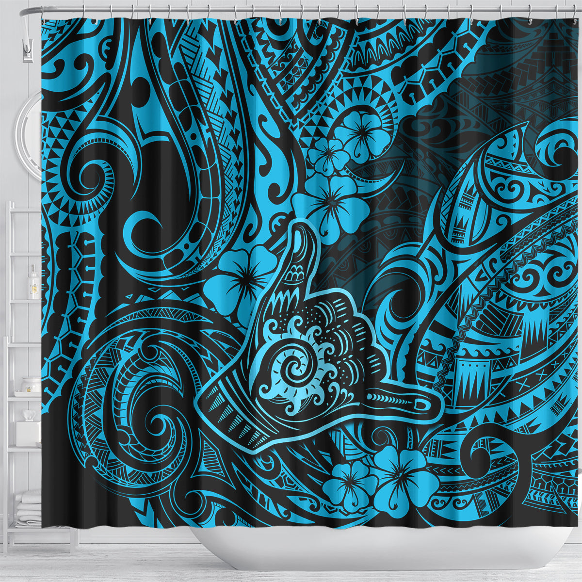 hawaii-shaka-sign-shower-curtain-polynesian-pattern-sky-blue-version