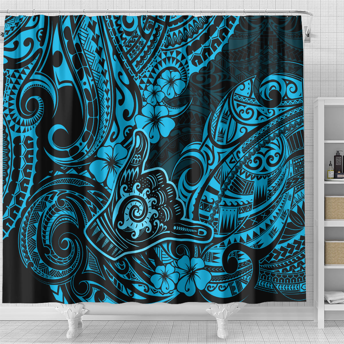 hawaii-shaka-sign-shower-curtain-polynesian-pattern-sky-blue-version