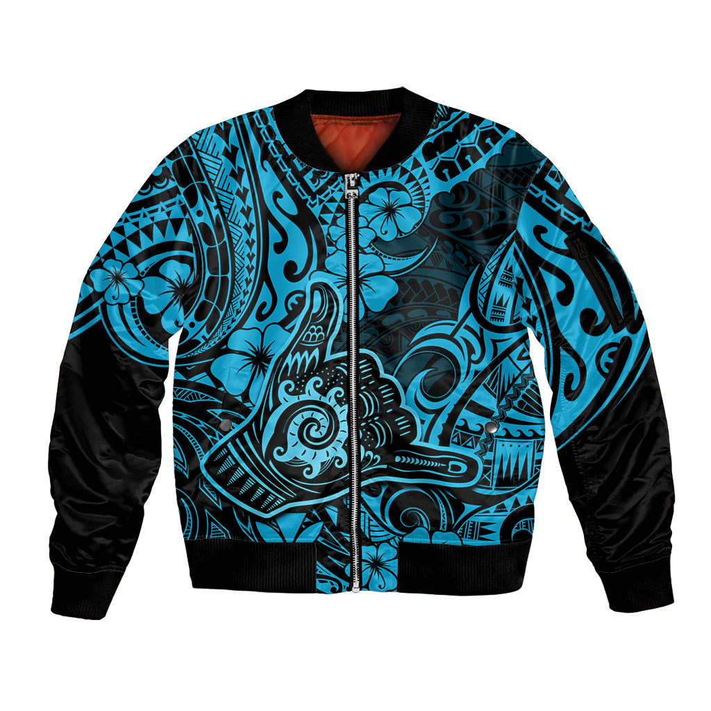 Hawaii Shaka Sign Sleeve Zip Bomber Jacket Polynesian Pattern Sky Blue Version - Wonder Print Shop