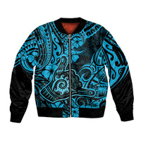 Hawaii Shaka Sign Sleeve Zip Bomber Jacket Polynesian Pattern Sky Blue Version - Wonder Print Shop
