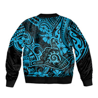 Hawaii Shaka Sign Sleeve Zip Bomber Jacket Polynesian Pattern Sky Blue Version - Wonder Print Shop