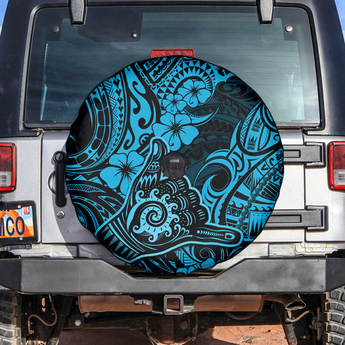 Hawaii Shaka Sign Spare Tire Cover Polynesian Pattern Sky Blue Version - Wonder Print Shop