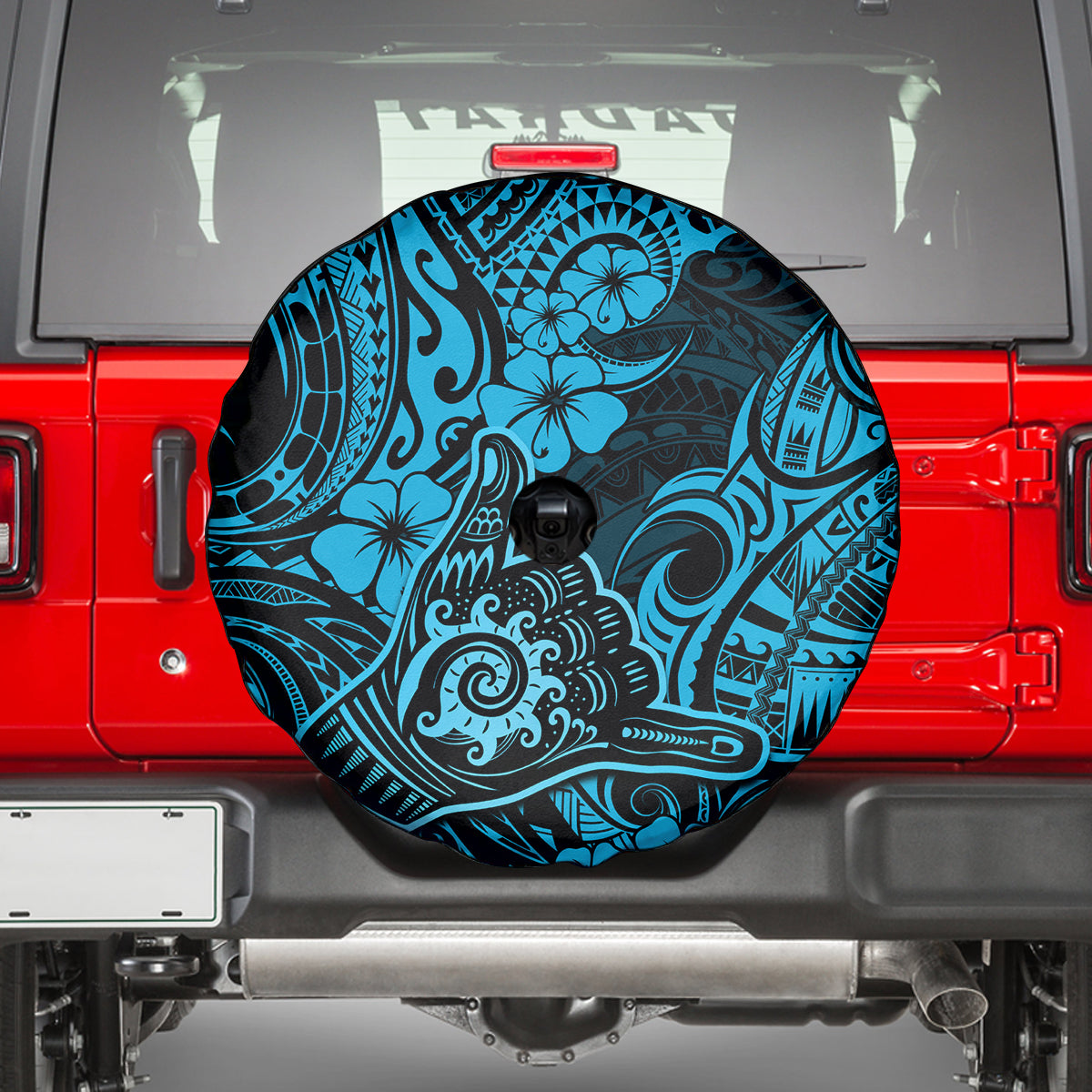 Hawaii Shaka Sign Spare Tire Cover Polynesian Pattern Sky Blue Version - Wonder Print Shop